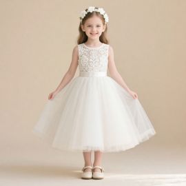 Elegant White Lace Flower Girl Dress - Sleeveless Tulle Ball Gown for Weddings & Parties