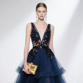 Elegant Navy Blue Deep V-Neck Evening Dress with Black Embroidery & Sequins, Tulle Skirt