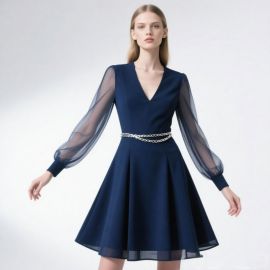 Navy Blue V-Neck Long-Sleeve Flared Dress with Chiffon Sleeves & Chain Belt