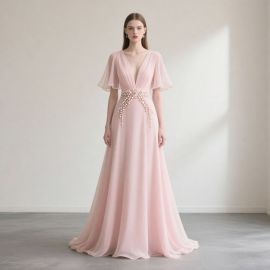 Elegant Pink V - Neck Evening Gown with Short Sleeves and Pearl Belt Detail