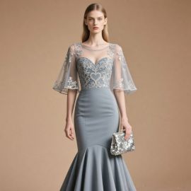 Elegant Gray Blue Mermaid Gown with Lace Embroidery & Sheer Sleeves - Formal Evening Dress