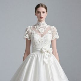 Lace High Neck Short Sleeve Wedding Dress with Bow Belt - Vintage Bridal Gown