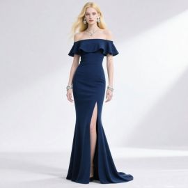Navy Blue Off - Shoulder Ruffled Mermaid Gown with High Slit Evening Dress