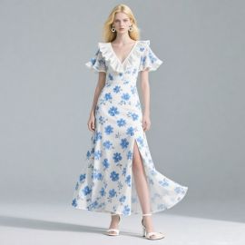 Elegant Blue Floral Print Maxi Dress with Ruffled Neck & High Slit - Summer Chic Style