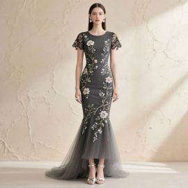 Elegant Dark Gray Mermaid Gown with Floral Embroidery & Lace Sleeves, High - Low Tulle Train Evening Dress