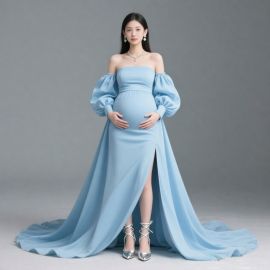 Elegant Maternity Off - Shoulder Dress with Puff Sleeves & Slit, Ideal for Photoshoots & Parties