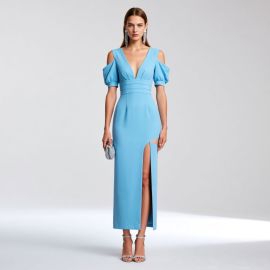 Elegant Light Blue Off-Shoulder Deep V Gown with Puff Sleeves & High Slit - Chic Evening Dress