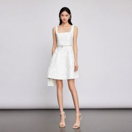 Elegant White Sleeveless Square Neck Floral Lace Dress with Belted Waist - Summer Style