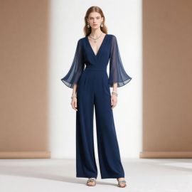 Elegant Navy Blue Jumpsuit: V-Neck & Flare Sleeves Wide Leg Design