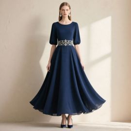 Elegant Navy Blue Maxi Dress with Embroidered Waist & Puff Sleeves