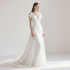 Elegant Lace V-Neck Short Sleeve Wedding Dress with Flowy Train - Timeless Bridal Gown