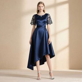 Elegant Navy Blue Asymmetric Satin Evening Dress with Lace Sleeves