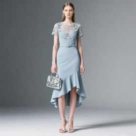 Pale Blue Lace Asymmetric Hem Belted Midi Dress - Elegant Women's Fashion