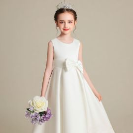 Elegant White Flower Girl Dress with Big Bow for Weddings & Parties