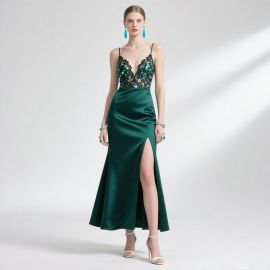 Emerald Green Satin Evening Gown: Lace Bodice, Spaghetti Straps & High Slit Design