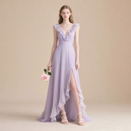 Lavender Ruffled V-Neck High-Slit Chiffon Evening Dress
