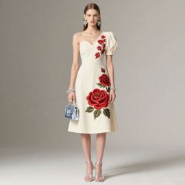 Elegant One - Shoulder Midi Dress with Red Rose Embroidery