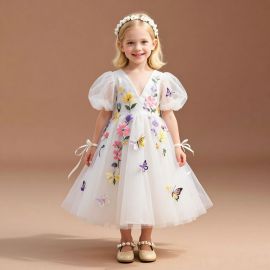 Kids White Tulle Dress with Floral Butterfly Embroidery Puffy Sleeves Princess Gown