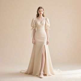 Elegant Champagne Puff - Sleeve Slit Gown | Vintage Formal Evening Dress