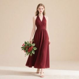 Burgundy Halter Neck Maxi Dress: Elegant Flowy Style for Women