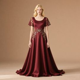 Elegant Burgundy Satin Evening Gown with Lace Sleeves & Beaded Embellishments