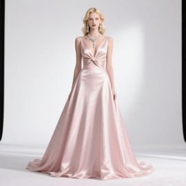 Elegant Pink Satin Deep V-Neck Evening Gown with Waist Knot Design