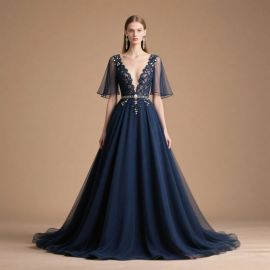 Navy Blue Lace Deep V-Neck Evening Dress with Sheer Sleeves & Sweep Train