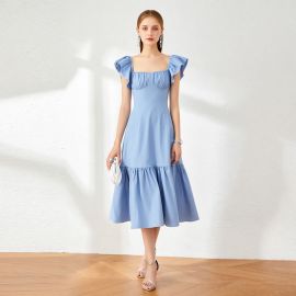 Light Blue Square Neck Ruffled Sleeve Tiered Midi Dress - Elegant Summer Style