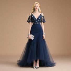Navy Blue Off - Shoulder Lace Sequined Tulle Evening Gown for Formal Occasions