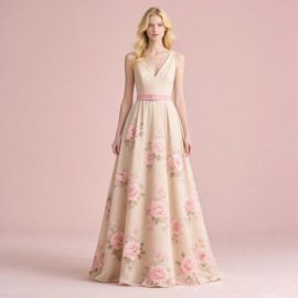 Elegant V-Neck Floral Print Maxi Dress with Belt - Chic Evening Gown