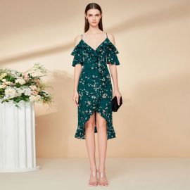Elegant Off - Shoulder Floral Ruffle Midi Dress with High Slit