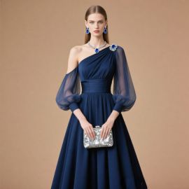 Elegant Navy Blue One - Shoulder Long Sleeve Evening Gown with Sheer Sleeves
