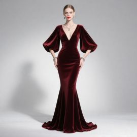 Burgundy Velvet Mermaid Evening Gown: Puff Sleeves & Deep V-Neck Formal Dress