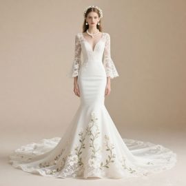 Elegant Lace Long Sleeve V - Neck Mermaid Wedding Dress with Floral Embroidery