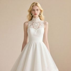Elegant White Lace High-Neck Wedding Dress - A-Line Silhouette with Floral Embroidery