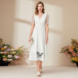Elegant White Midi Dress with Mesh Sleeves & Butterfly Embroidery
