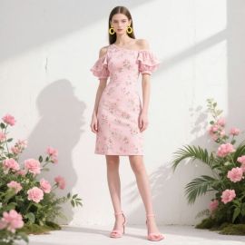 Elegant Pink Floral One - Shoulder Dress with Ruffled Sleeves