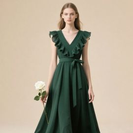 Emerald Green Ruffled V-Neck Long Chiffon Dress