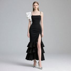 Elegant Black Maxi Dress: Asymmetric Ruffle, High Slit & Tiered Hem