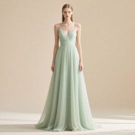 Sage Green Spaghetti Strap A-Line Maxi Dress - Elegant Wedding/Bridesmaid Gown