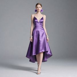Purple Satin Spaghetti Strap High - Low Hem Evening Dress