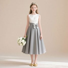Elegant Girls' White & Gray Midi Dress with Bow - Wedding Flower Girl Outfit