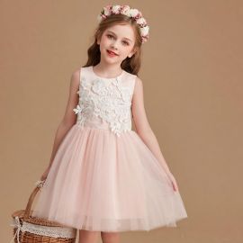 Girls' Pink Lace Tulle Flower Girl Dress - Sleeveless Princess Party Gown for Kids