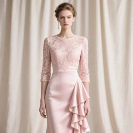 Elegant Pink Lace Long-Sleeve Gown with Ruffled Hem for Formal Events