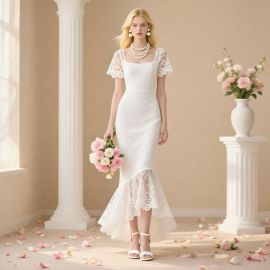 Elegant White Lace Mermaid Dress: Square Neck, Short Sleeves, Asymmetric Hem