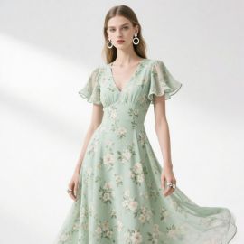 Mint Green Floral Maxi Dress: V-Neck & Flutter Sleeves for Summer Events