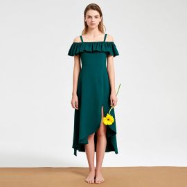 Elegant Emerald Green Off - Shoulder Ruffled High Slit Midi Dress