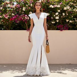 White Mermaid Dress: V-Neck, Ruffled Sleeves & Lace Hem Long Gown