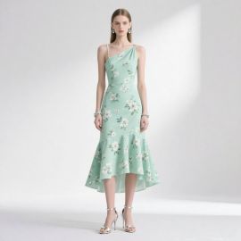 Mint Green One - Shoulder Floral Print Asymmetric Hem Midi Dress