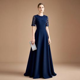 Elegant Navy Blue Lace Appliqué A - Line Evening Gown - Formal Long Dress with Half Sleeves